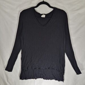 Mote Black Ribbed V-Neck Long Sleeve Top Women's Small Stretch‎ Lightweight